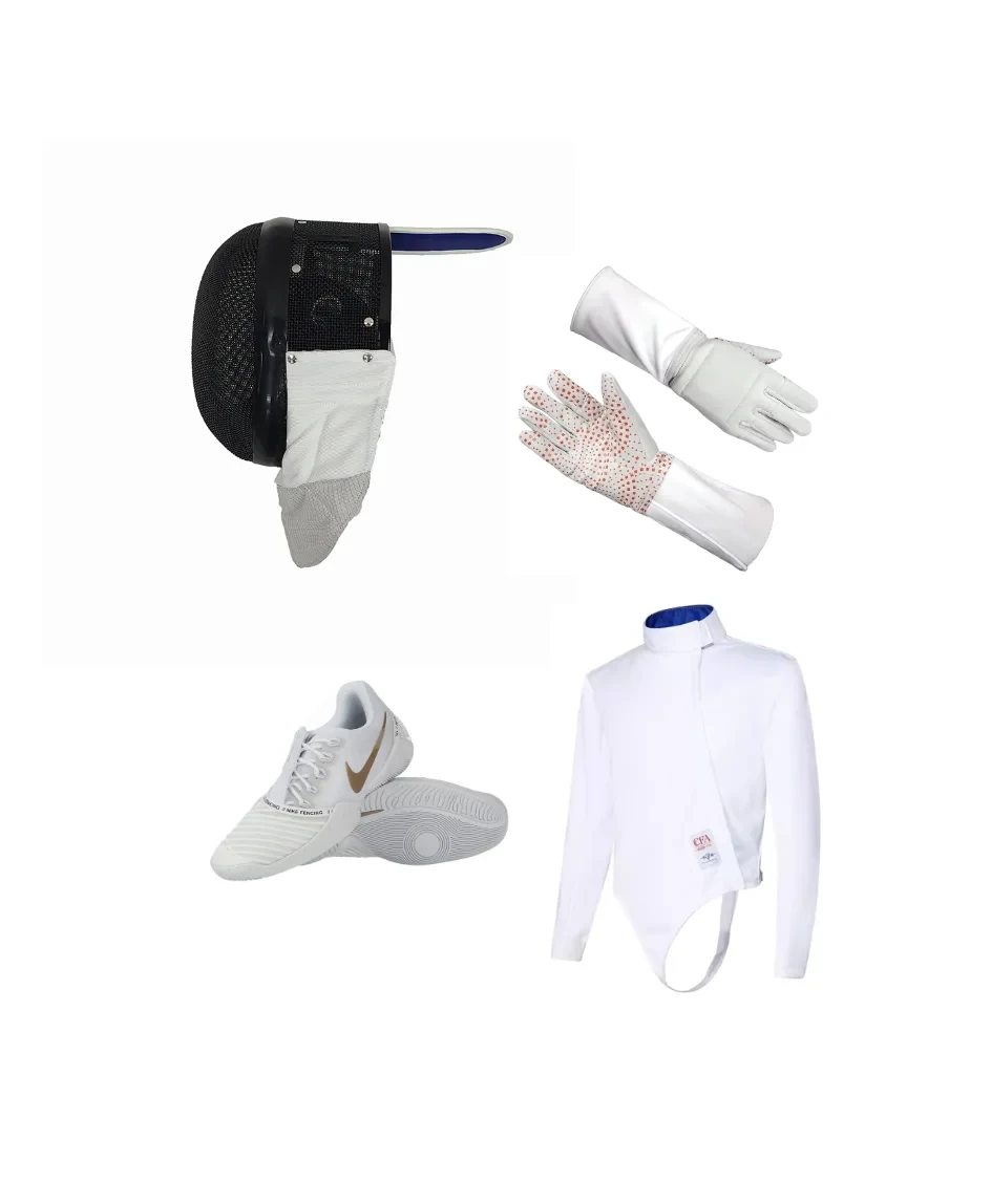A collection of fencing gear including a mask, gloves, shoes, and jacket